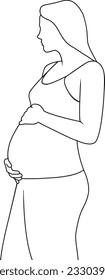 Pregnant woman with long hair in T-shirt and pants standing sideways and hugging her belly, contour graphic, vector image.