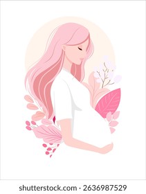 Pregnant woman with long pink hair in white dress surrounded by soft pink leaves and flowers in minimal pastel illustration