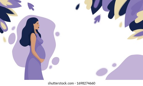 Pregnant woman in a long term in a dress, vector illustration in purple colors, surrounded by plants, web format