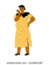 Pregnant woman looking at an apple in her hand. Healthy eating. Vector flat illustration