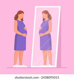 Pregnant woman looking at herself in the mirror and holding her belly: motherhood concept