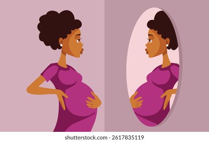 
Pregnant Woman Looking at Herself in the Mirror Vector Illustration. Mother to be admiring her strong body before giving birth 