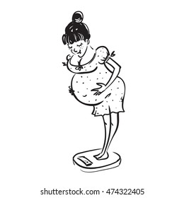 Pregnant woman looking on the scales. Vector illustration.