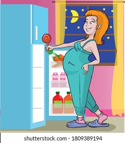 Pregnant woman looking for some food in the fridge