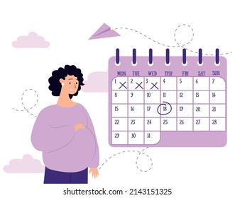 A pregnant woman looks at the calendar and is waiting for the birth of a child. Colorful flat illustration. Cartoon character.