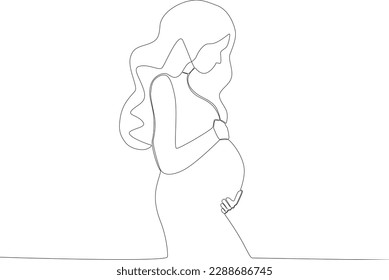 A pregnant woman looks at her belly. Pregnant and breastfeeding one-line drawing