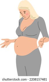 A pregnant woman looks at her stomach in confusion.