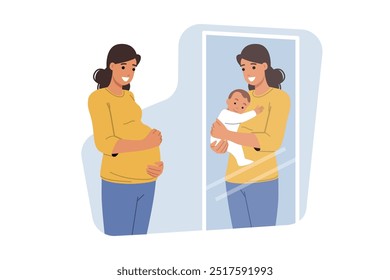 Pregnant woman looks in mirror and sees in reflection wonderful baby in own arms, dreaming of son. Positive pregnant girl smiles, rejoicing at opportunity to become mother and raise daughter