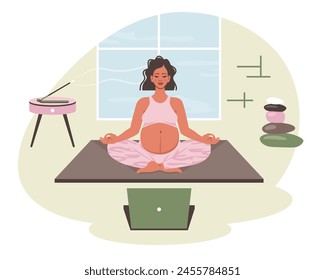 Pregnant woman in lotus pose. yoga at home. Female character does yoga, meditation, stretching, indoor. Mom with belly meditation, relaxing. Bodycare, pregnancy health concept. Vector illustration