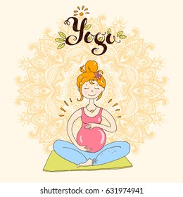 Pregnant woman in lotus position against mandala background. Cute cartoon style color illustration vector  Central composition.