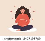 Pregnant woman in lotus position hugs her tummy. Female character waiting for baby. Happy girl meditates. Pregnancy and motherhood concept. Relax and sport. Vector illustration in flat cartoon style.