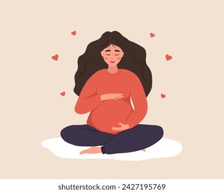 Pregnant woman in lotus position hugs her tummy. Female character waiting for baby. Happy girl meditates. Pregnancy and motherhood concept. Relax and sport. Vector illustration in flat cartoon style.