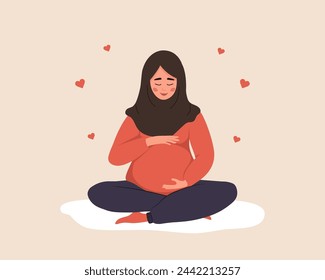 Schwangere Frau in Lotusstellung umarmt ihren Bauch. Islamische weibliche Figur wartet auf Baby. Glückliches Mädchen meditiert. Schwangerschaft und Mutterschaft Konzept. Vektor-Illustration im flachen Cartoon-Stil.