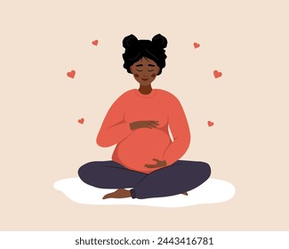 Pregnant woman in lotus position hugs her tummy. African female character waiting for baby. Happy girl meditates. Pregnancy and motherhood concept. Vector illustration in flat cartoon style.