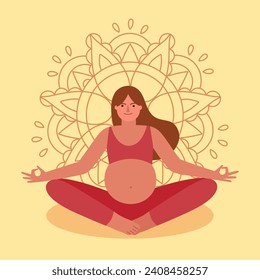 Pregnant woman in lotus position. Meditation on mandala backdrop, motherhood preparing, zen search, yoga class process, vector illustration.eps

