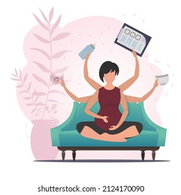 Pregnant woman in the lotus position. Relaxing pregnant woman. Cartoon style.