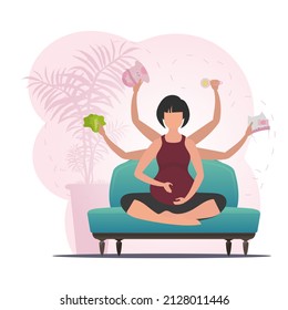 Pregnant woman in the lotus position. Relaxing pregnant woman. Vector flat illustration.