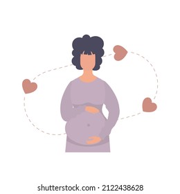 Pregnant Woman lovingly holds her belly. Isolated on white background. Vector illustration.