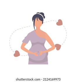 Pregnant Woman lovingly holds her belly. isolated. vector.