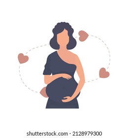Pregnant Woman lovingly holds her belly. Isolated on white background. Vector illustration.