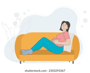 Pregnant woman lying and dozing on sofa. Young mother to be waiting for the birth of the baby. Daily rest and relaxation of pregnant woman at home, vector graphics