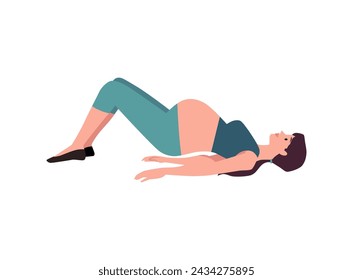 Pregnant woman lying on back doing exercises. Sports workout fitness pregnancy. Yoga training for pregnant. Healthy lifestyle. Vector flat illustration isolated on white background
