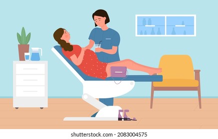 Pregnant woman lying on chair at doctor appointment vector illustration. Cartoon gynecologist consulting female patient in hospital interior. Pregnancy, gynecology, medicine healthcare concept