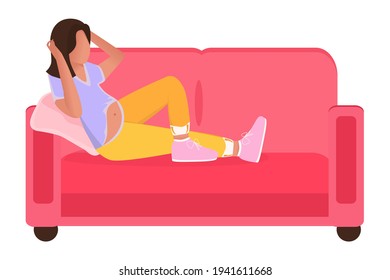 A pregnant woman is lying on the couch. Maternity leave concept. Cartoon style. Flat illustration. Spending time alone, at home, in comfort, waiting for the birth of a child