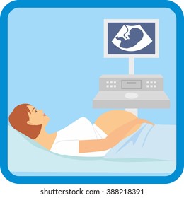 Pregnant woman lying on the couch. Vector illustration of a pregnant doing ultrasonography. 