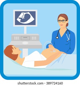 Pregnant woman lying on the couch. Vector illustration of a pregnant doing ultrasonography. The doctor makes uzi