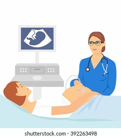 Pregnant woman lying on the couch. Vector illustration of a pregnant doing ultrasonography. The doctor makes uzi