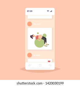 pregnant woman lying on gymnastic ball girl doing exercises with fitball workout fitness pregnancy healthy lifestyle concept smartphone screen mobile application full length flat