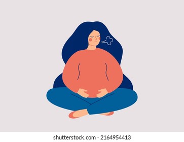 Pregnant Woman makes Breathing exercise. Female expecting a child sits in pose lotus makes a exhale. Respiratory system support during maternity. Health and wellbeing concept. Vector