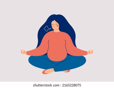 Pregnant Woman makes Breathing exercise. Female who expecting a child sits in pose lotus makes a exhale. Prenatal class and Breathing Techniques for Childbirth. Vector illustration