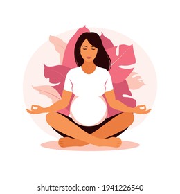 Pregnant woman makes yoga and meditation. Concept pregnancy, motherhood, health care. Illustration in flat style.