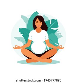 Pregnant woman makes yoga and meditation. Concept pregnancy, motherhood, health care. Illustration in flat style.