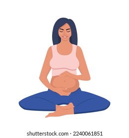 Pregnant woman makes yoga and meditation. Pregnant women in lotos pose. Prenatal yoga. Concept pregnancy, motherhood, health care. Vector illustration