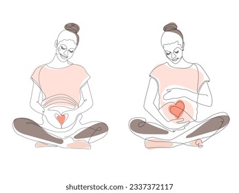 Pregnant woman makes yoga and meditation. Concept pregnancy, motherhood, health care. Illustration in flat style. One line drawing