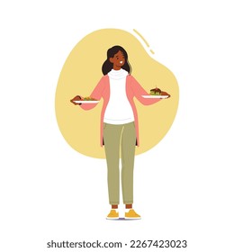 Pregnant Woman Making Choice Between Healthy And Unhealthy Meals Standing In Kitchen With Two Plates Of Nutritious Vegetables or Fruits And Sugary Treats. Cartoon People Vector Illustration