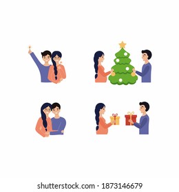 A pregnant woman and a man celebrate the new year. A married couple celebrates Christmas. Set of vector characters in a flat style.