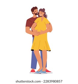 Pregnant Woman And Man Embrace Characters In A Loving Hug, Radiating Happiness And Joy. Image Perfect For Promoting Family Values Or Maternity-related Products. Cartoon People Vector Illustration