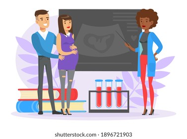 Pregnant Woman and Man Expecting Baby Consulting Gynecologist at Medical Perinatal Centre Vector Illustration