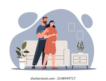 Pregnant woman and man. Happy young family, parents waiting for newborn baby or toddler. Couple hugging and smiling in apartment. Design for greeting postcards. Cartoon flat vector illustration