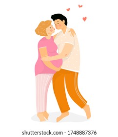 Pregnant woman and man hugging and kissing at home wearing pajama, young and happy future parents holding baby bump in love. Vector flat hand drawn design.