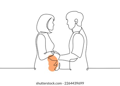 pregnant woman and man looking at each other holding hands - one line drawing vector. concept of a heterosexual couple expecting a baby, the relationship of future parents, support during pregnancy