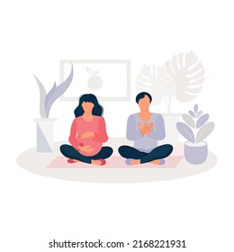 A pregnant woman and a man. Parents do yoga. Sitting on the mat. The concept of young parents and yoga. Vector.