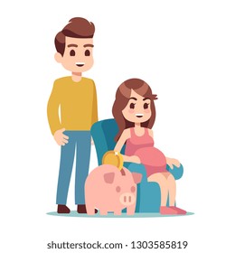 PREGNANT WOMAN, MAN AND PIGGY BANK. Saving money for future flat vector illustration