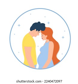 Pregnant woman and man in a round frame. Vector