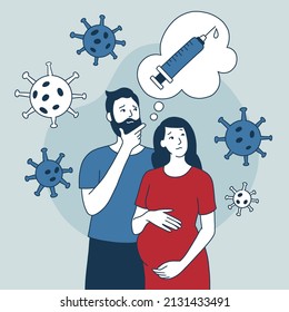 A pregnant woman and a man are thinking about vaccination. Doubts about the injection. The effect of the drug on pregnancy. Vector illustration in cartoon doodle style in blue. Medical concept