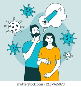 A pregnant woman and a man are thinking about vaccination. Doubts about the injection. The effect of the drug on pregnancy. Vector illustration in cartoon doodle style in blue. Medical concept